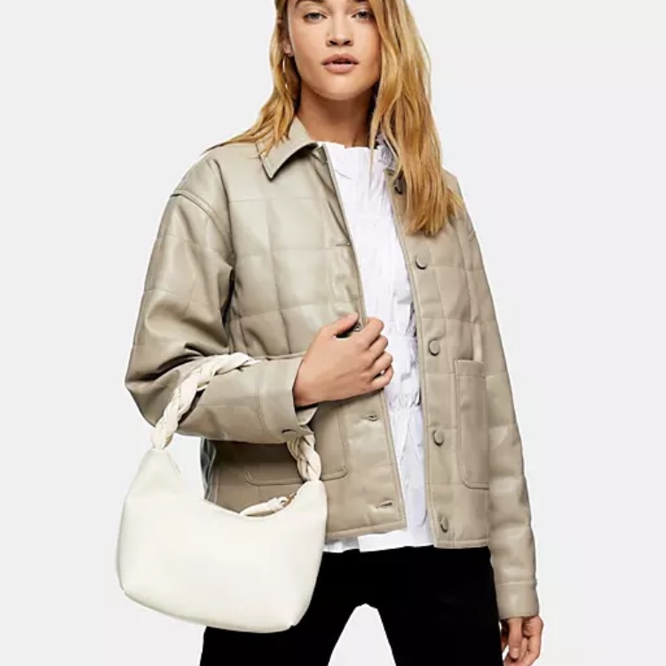 Topshop Faux Leather Boxy Quilted Jacket In Taupe